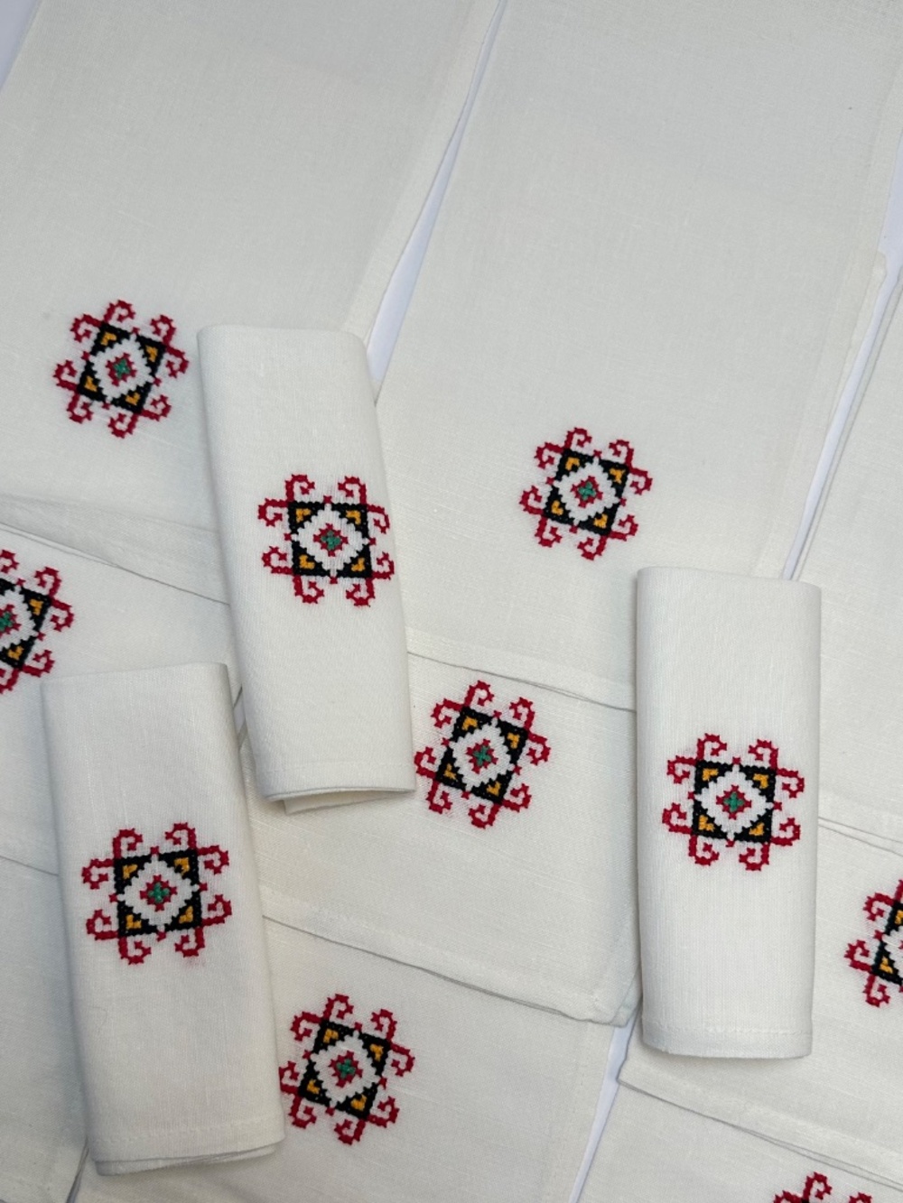 Set of 12 Hand Embroidered Linen Napkins White Folk Style Cottage Farmhouse